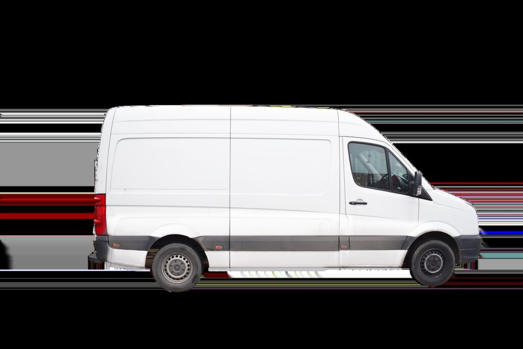 Van blanc sans logo, vu de profil, sur fond blanc