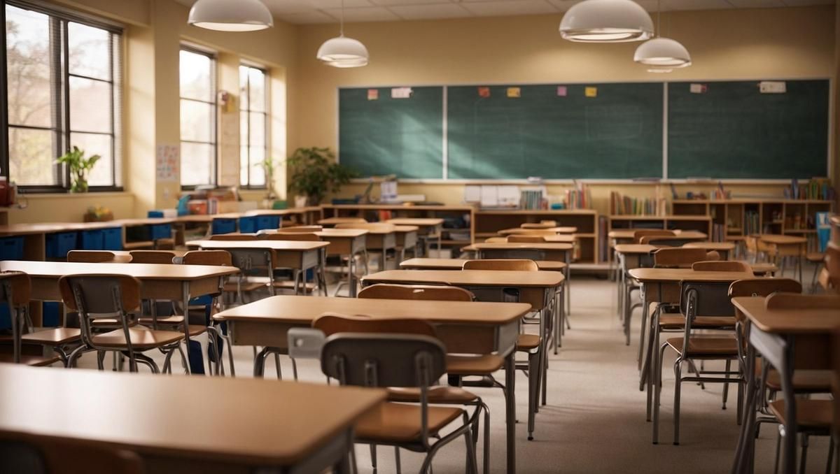 Salle de classe avec bureaux, chaises, tableau noir, fenêtres, luminaires, et rangements