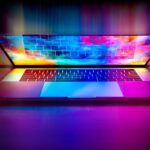 Un ordinateur portable ouvert projette des couleurs vives sur le clavier